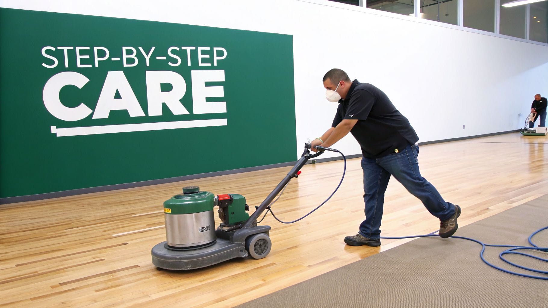 Worker in a mask buffing a shiny hardwood floor with a floor machine in a large room.