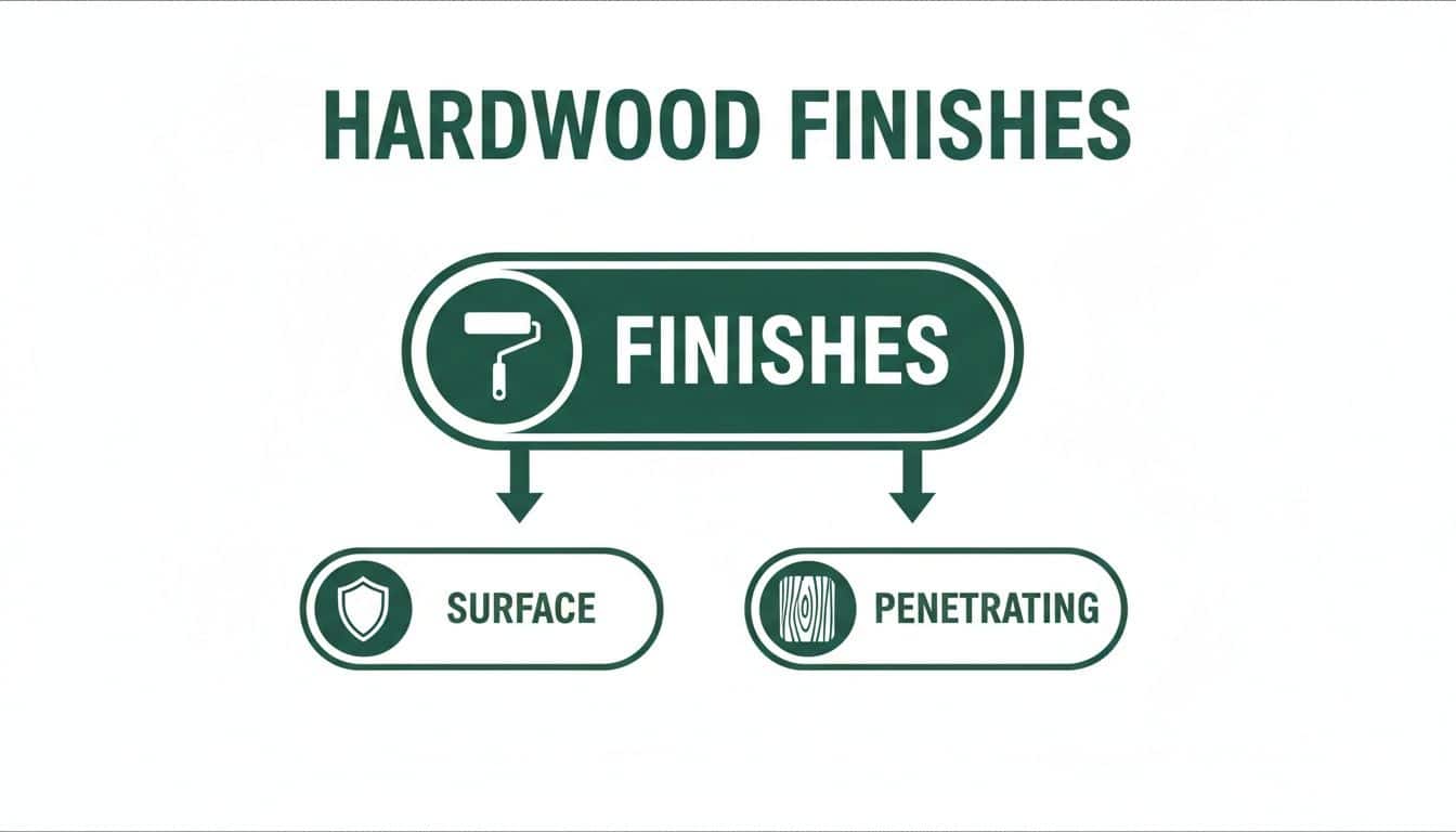 Diagram illustrating hardwood floor finish options, showing 'Surface' and 'Penetrating' types with icons.