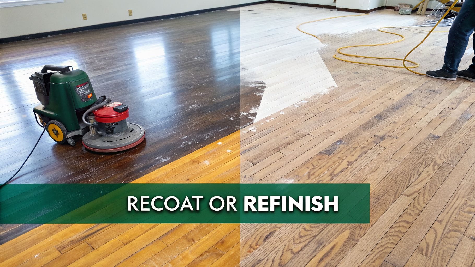 Hardwood floor refinishing before and after, showing a sanding machine and restored wood.
