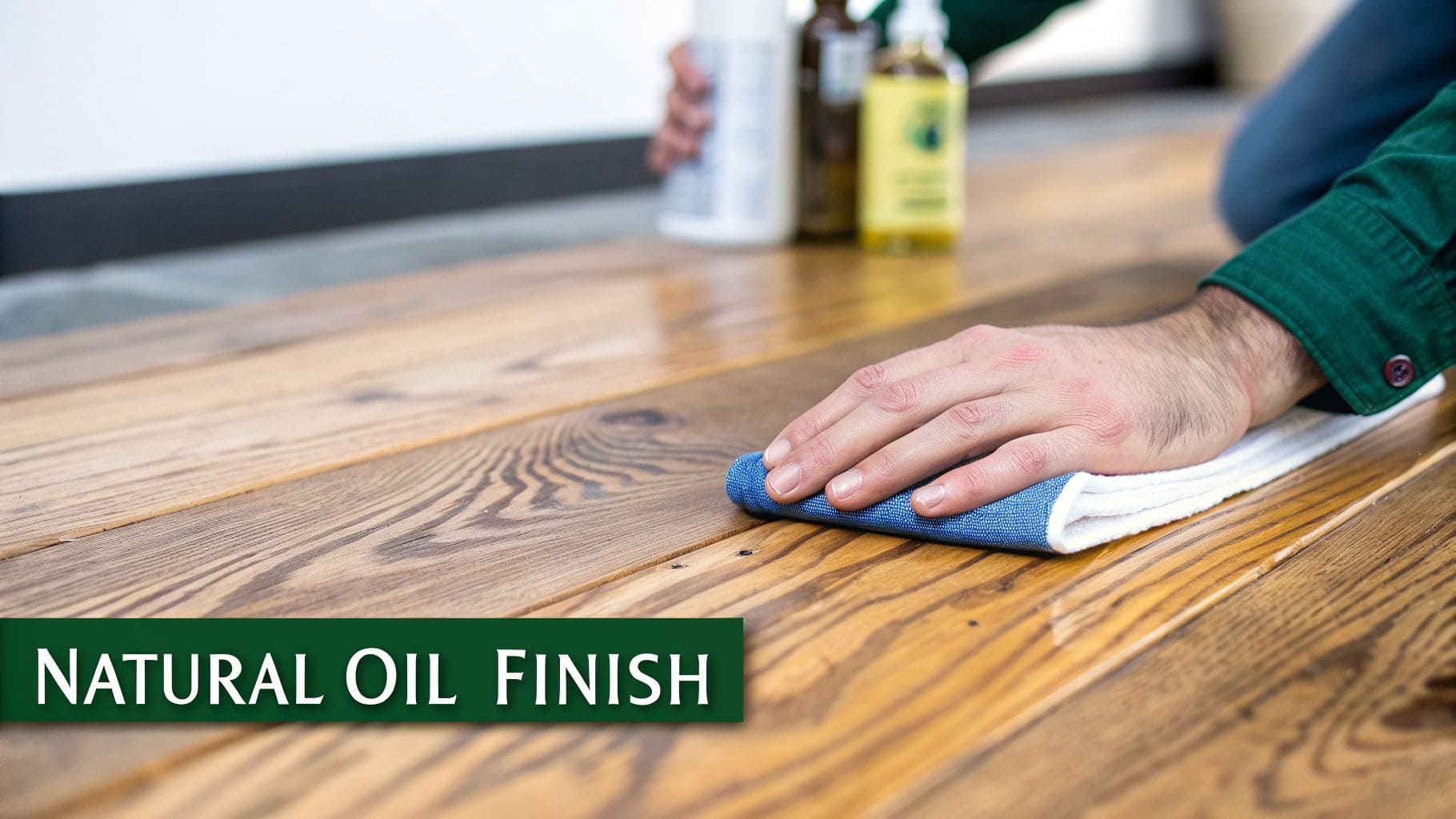 A person applies natural oil finish to a beautiful wooden table or floor with a blue cloth.