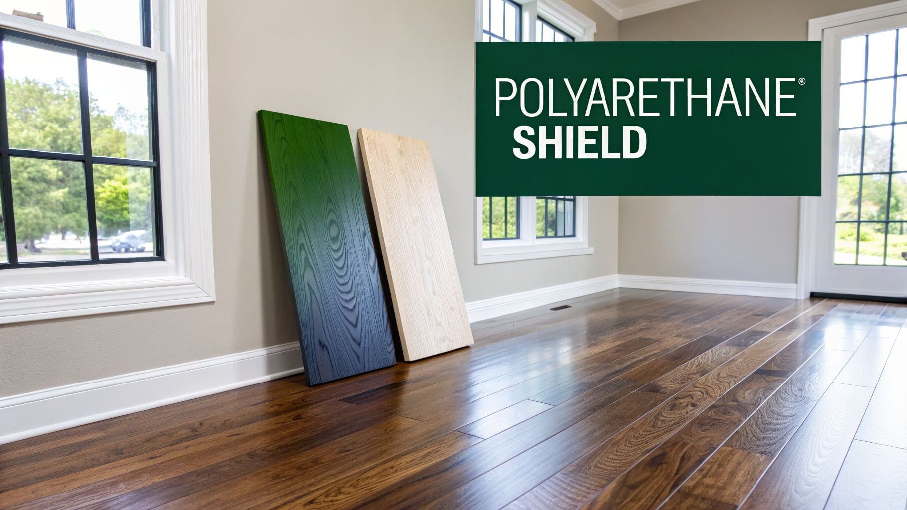 Two wooden boards, one stained green and one natural, against a wall in a room with hardwood floors.