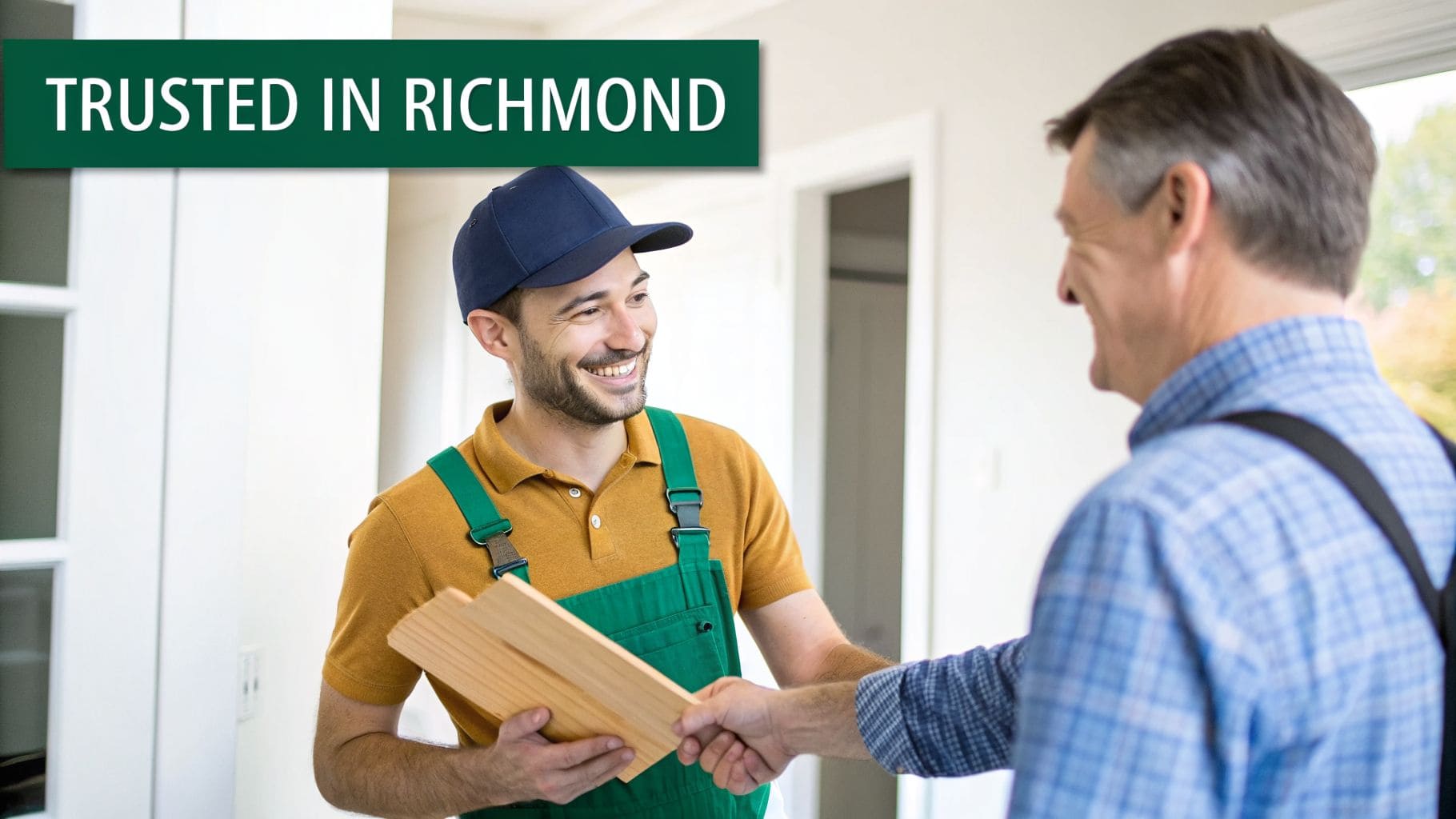 A friendly contractor in green overalls delivers wood planks and shakes hands with a homeowner.
