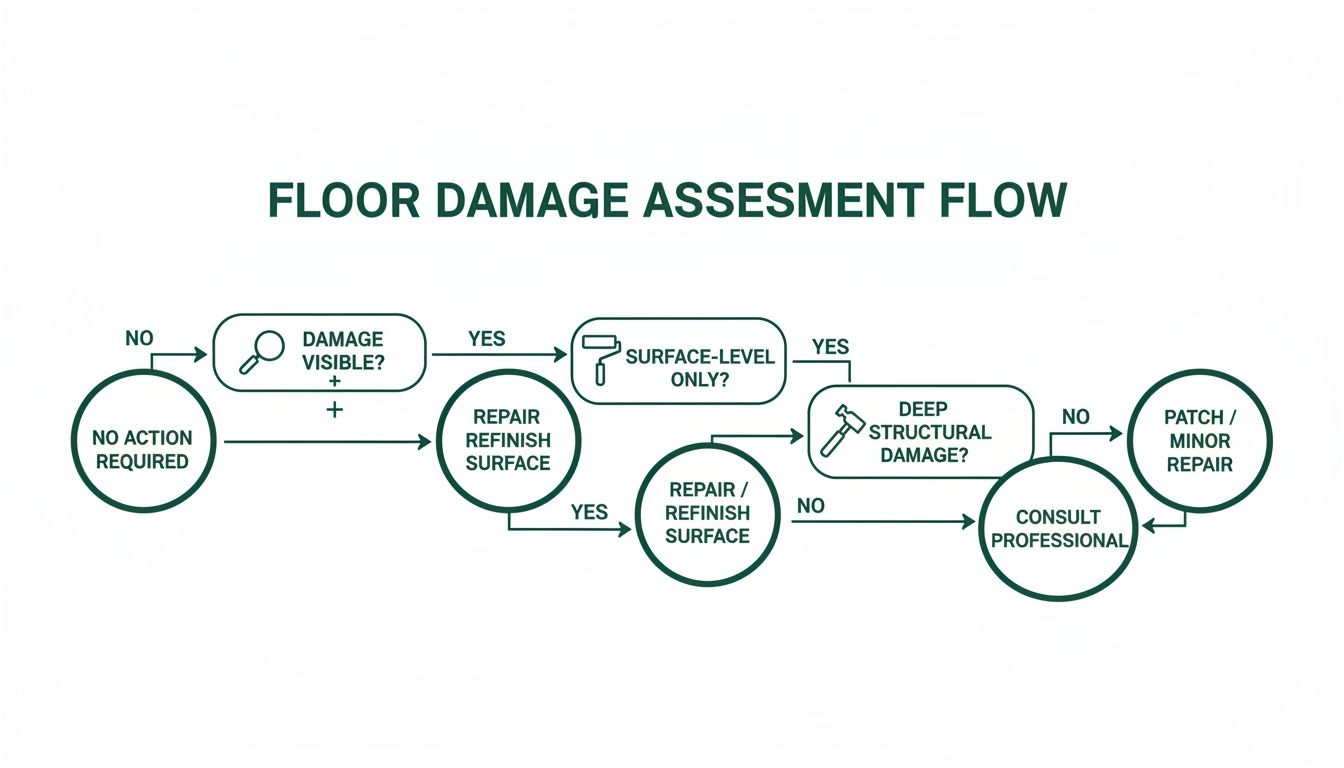 Flowchart detailing floor damage assessment and repair actions, from visible damage to structural issues.