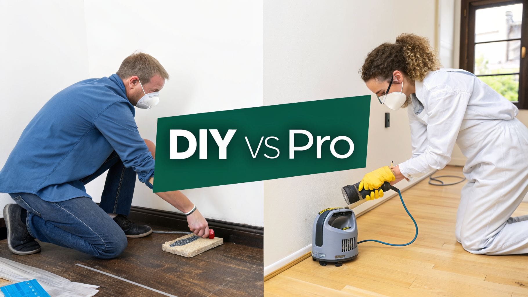 Split image comparing a man doing DIY floor repair and a woman doing professional floor restoration.