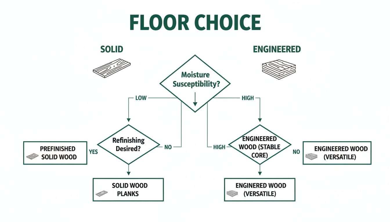A decision tree diagram illustrating floor choice options based on moisture susceptibility, distinguishing solid and engineered wood.