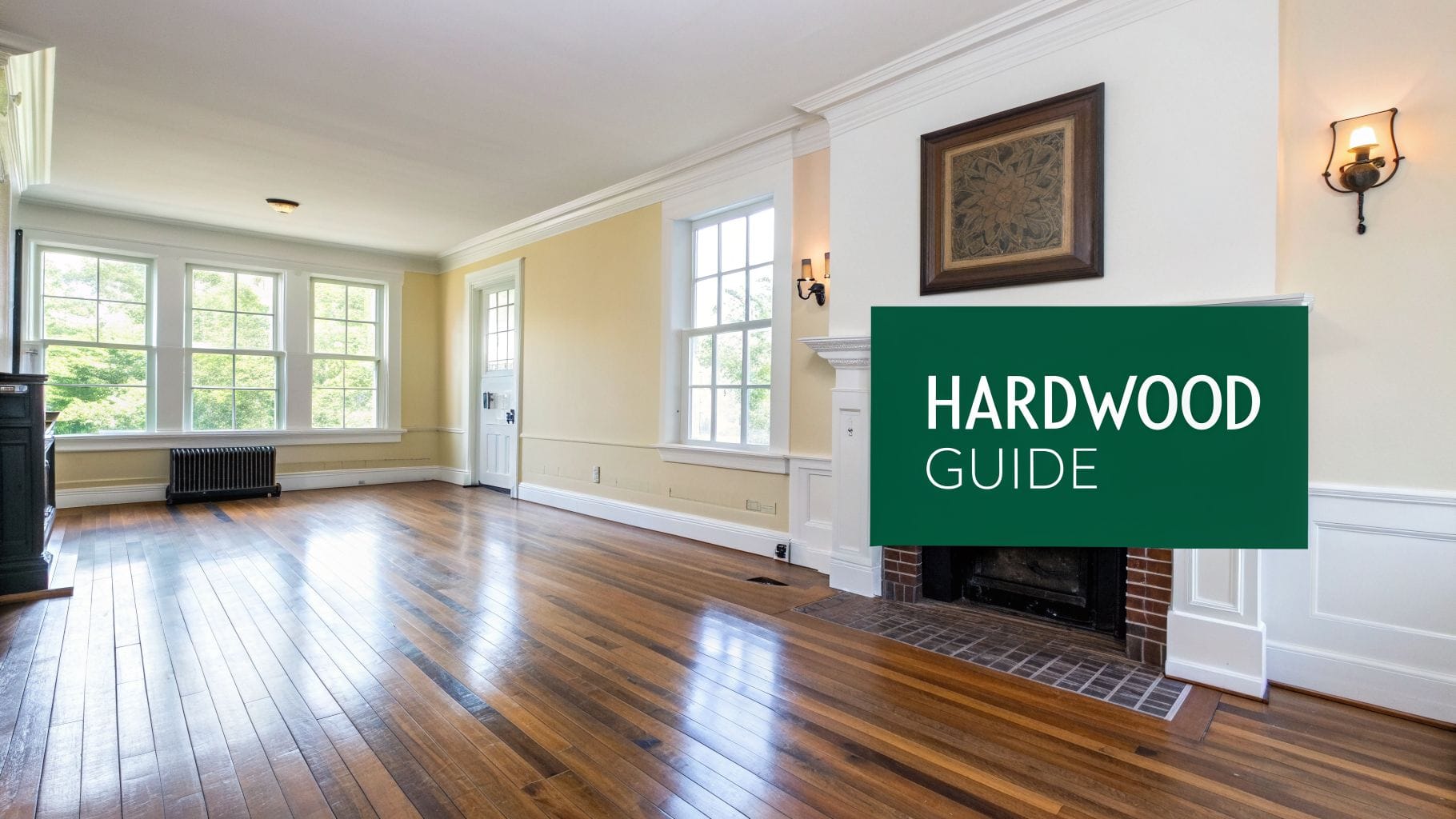 A spacious room with shiny hardwood floors, light yellow walls, multiple windows, and a fireplace.