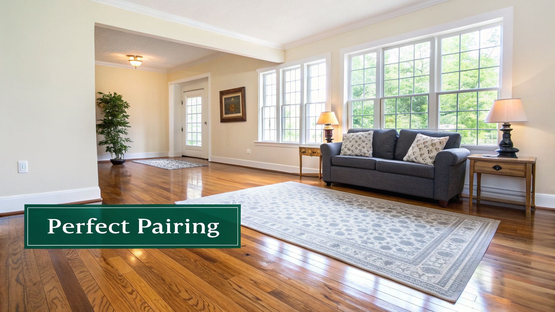 A bright living room featuring polished hardwood floors, a patterned area rug, a grey sofa, and large windows.