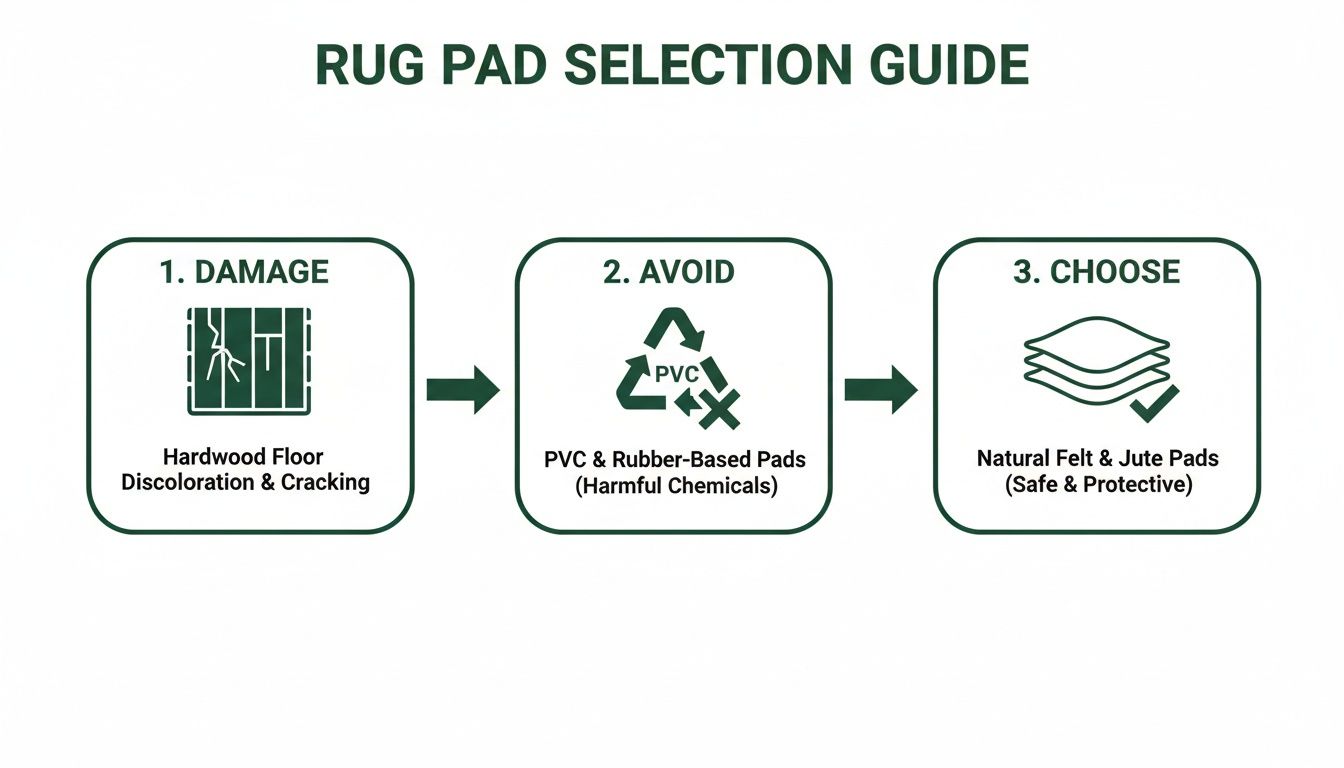 A rug pad selection guide illustrating hardwood floor damage, avoiding PVC/rubber pads, and choosing natural felt/jute pads.