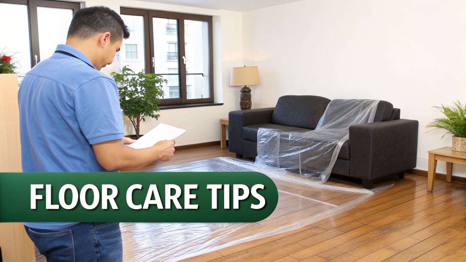 A man reads papers on a hardwood floor covered with plastic, with 'FLOOR CARE TIPS' banner.