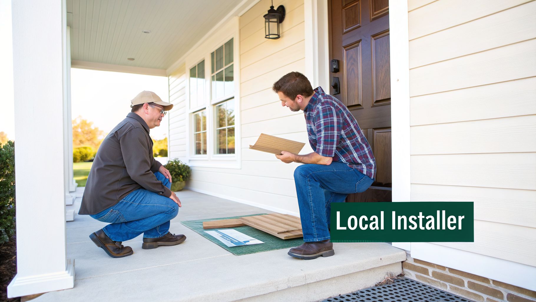 Two men, an installer and a homeowner, discuss building material samples on a home's porch.