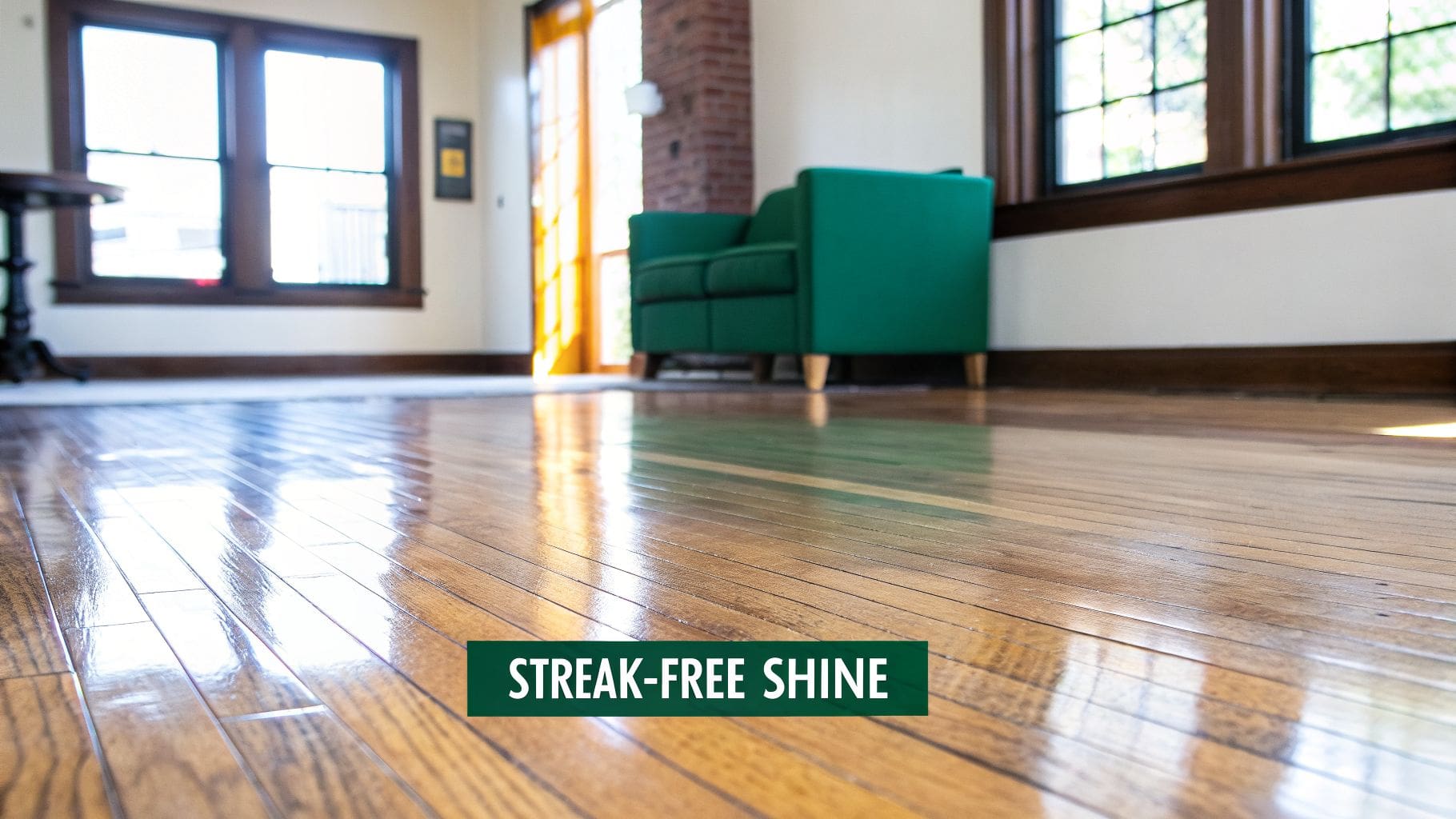 A close-up of glossy, streak-free hardwood floors reflecting light in a bright, clean room.