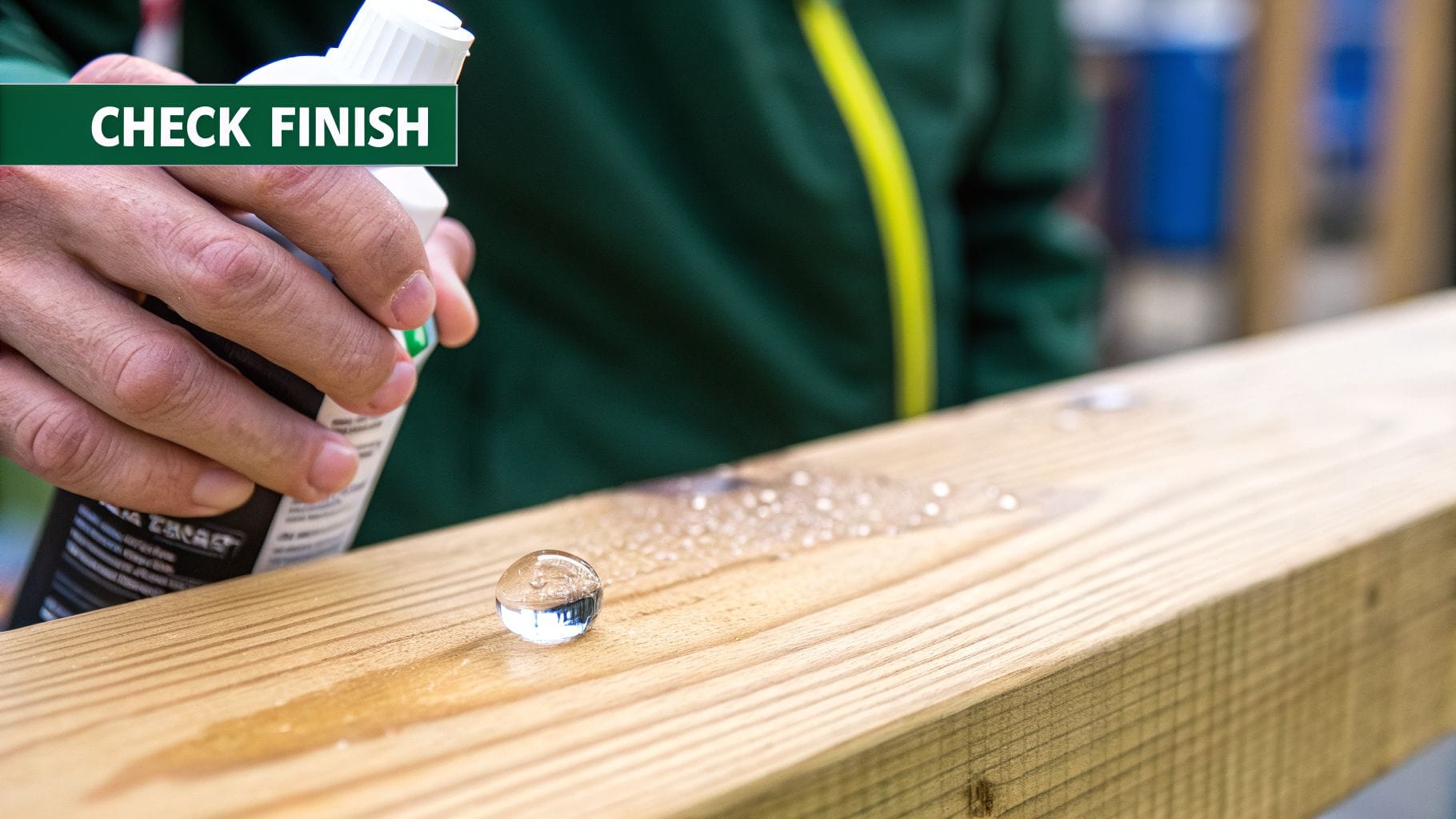 Person spraying liquid onto a wooden surface to check the finish, with water droplets and a glass marble.
