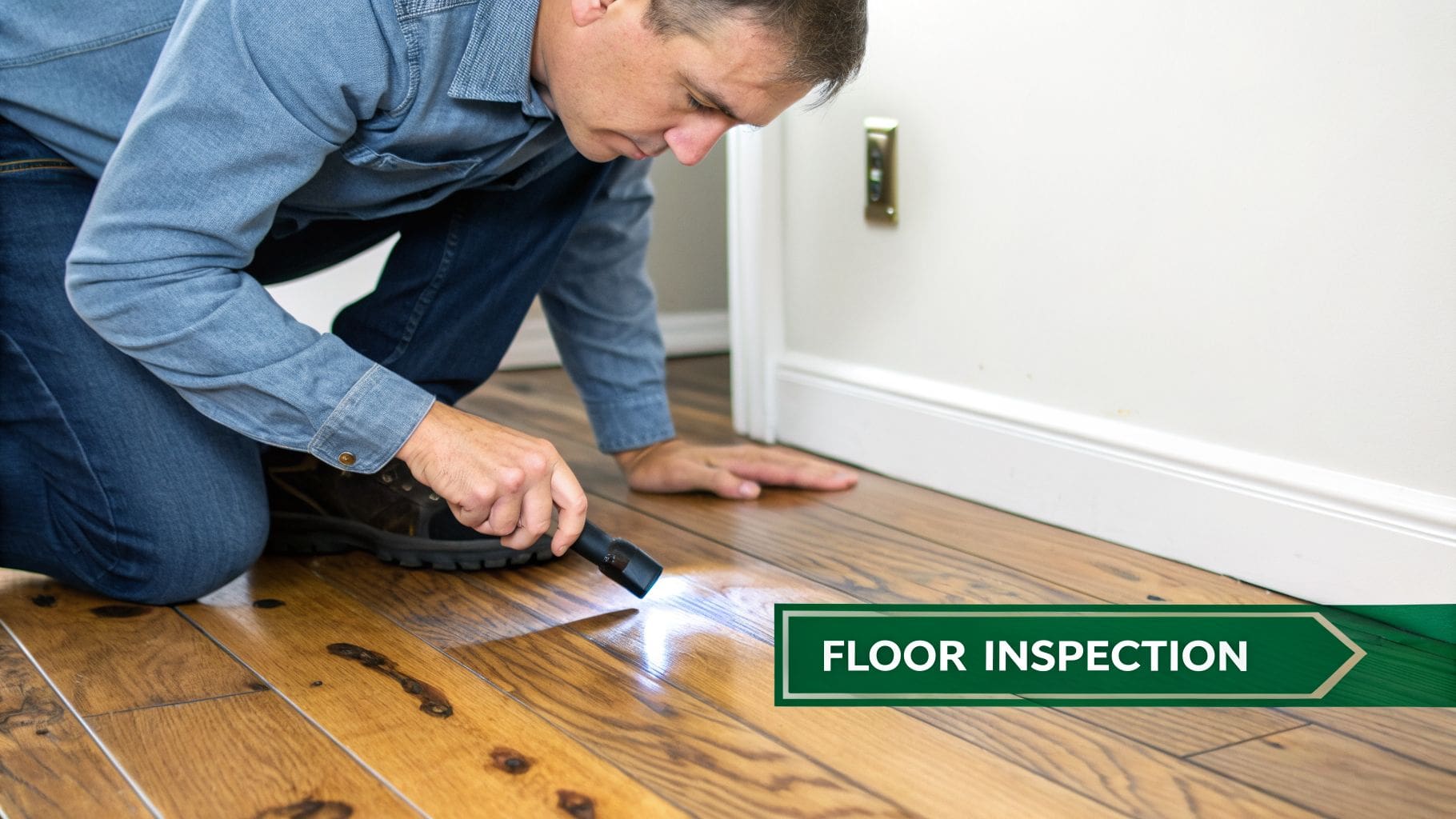 A professional inspector kneels to examine a hardwood floor with a bright flashlight.