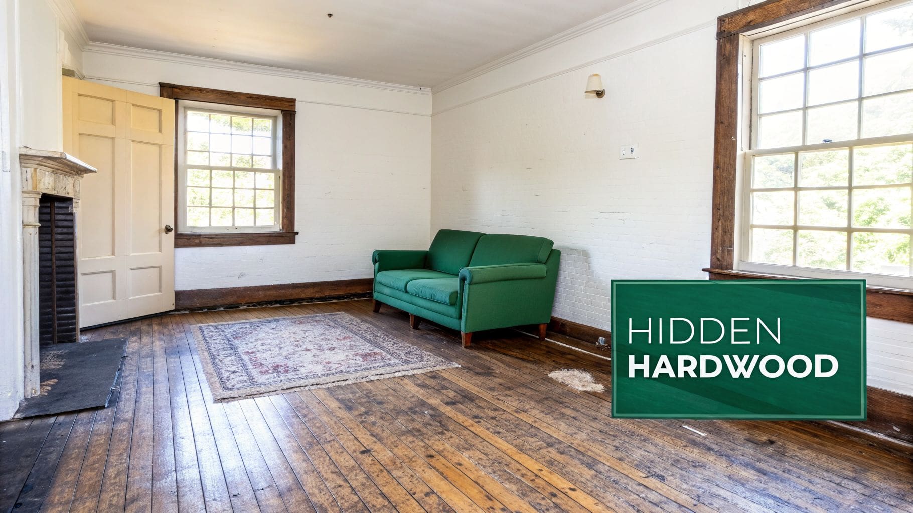 A room with distressed hardwood floors, a green sofa, fireplace, and a 'Hidden Hardwood' sign.