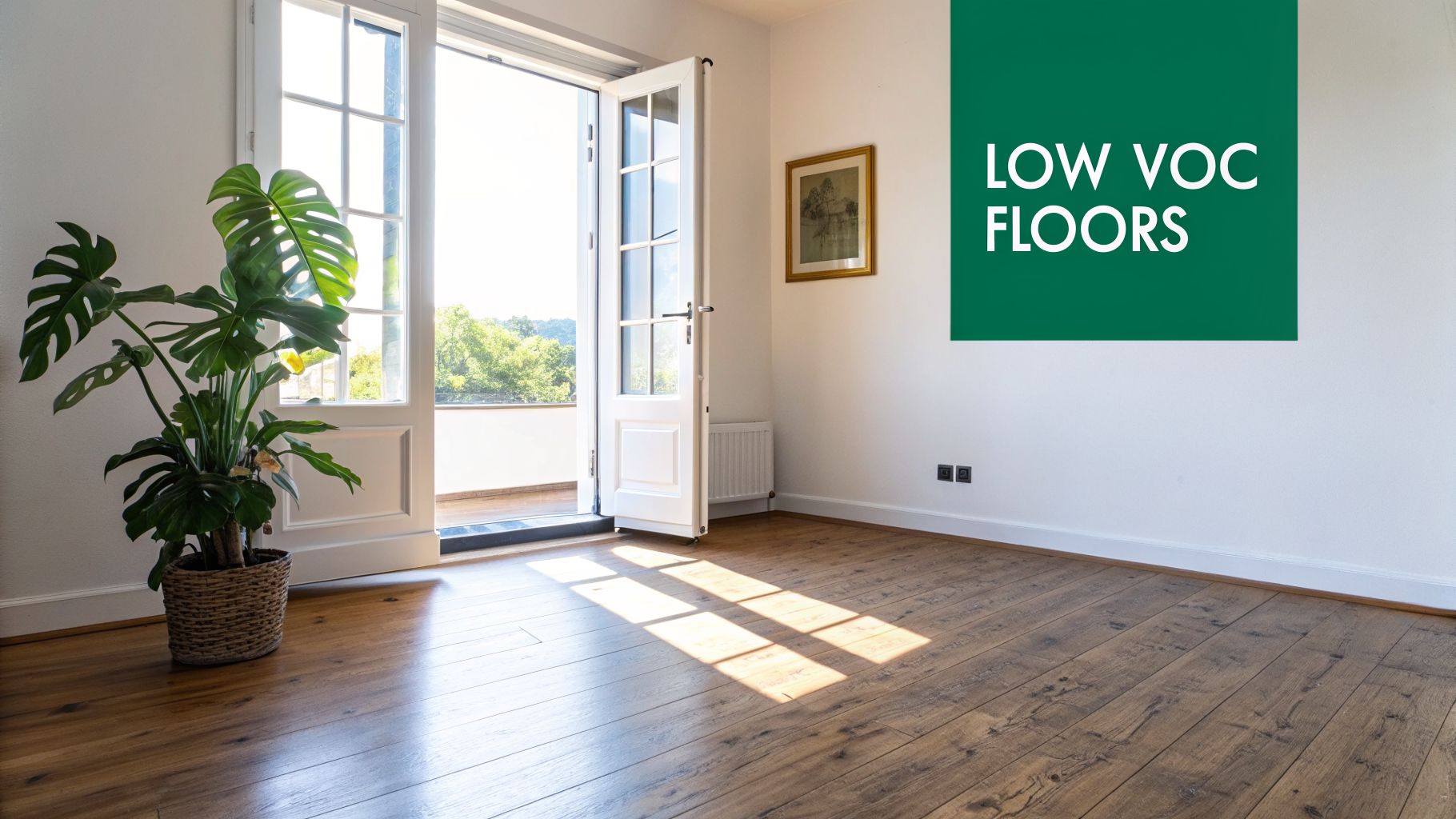 An empty room with warm wooden floors, a large plant, and an open balcony door letting in bright sunlight.