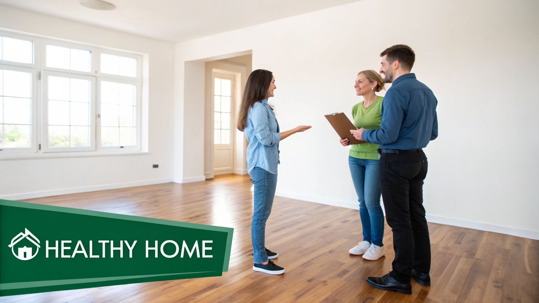 Three people discussing in a bright, empty room with new hardwood flooring and large windows.