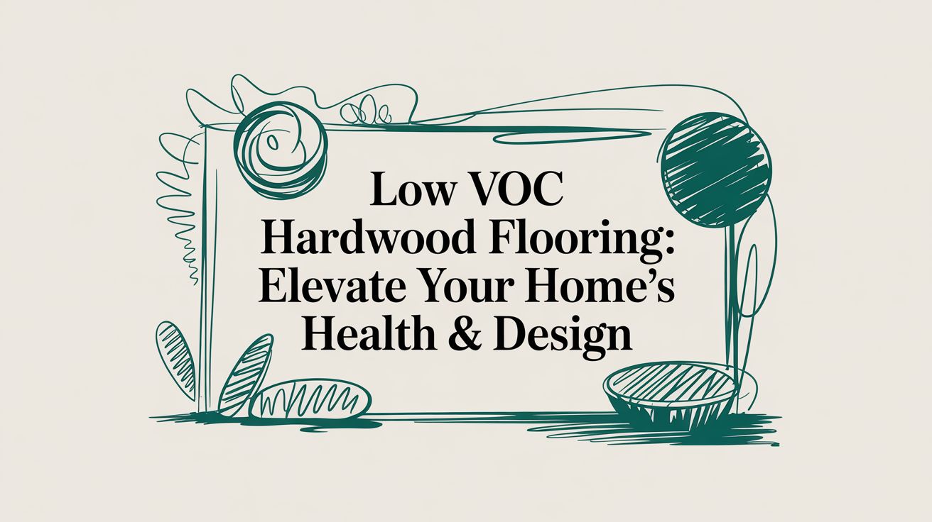 Text graphic with abstract green line drawings framing the words: "Low VOC Hardwood Flooring: Elevate Your Home’s Health & Design" on a beige background.