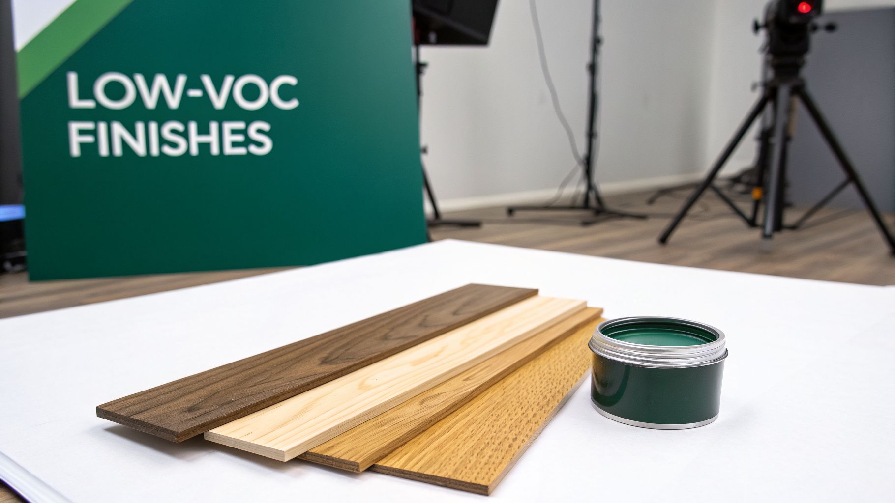 Four wood planks showcasing different low-VOC finishes, with an open green paint can.