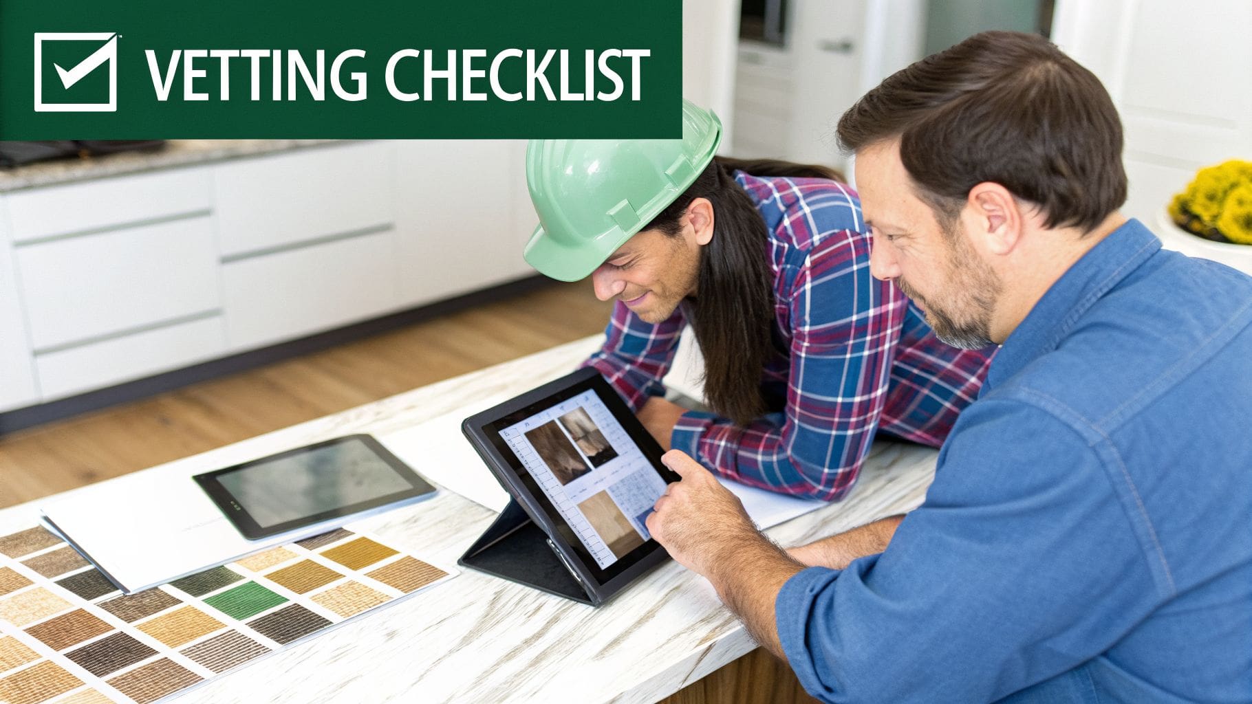 Two contractors review design options and material samples on a tablet, using a vetting checklist for a construction project.