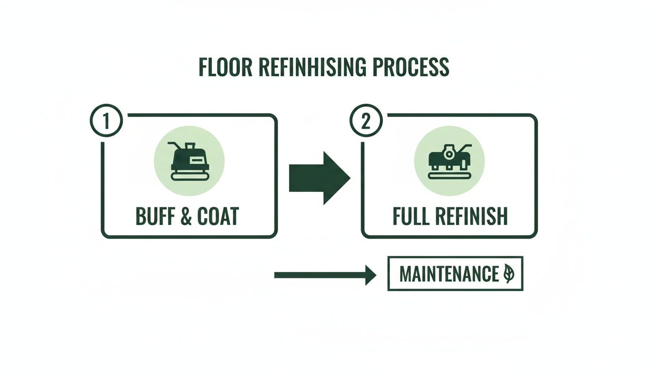 Flowchart outlining the floor refinishing process, including buff and coat, full refinish, and maintenance.