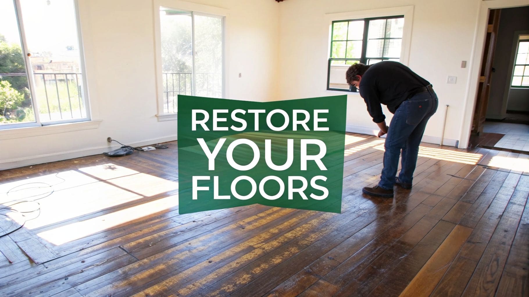 A man in a room bending over worn hardwood floors with a 'RESTORE YOUR FLOORS' banner.