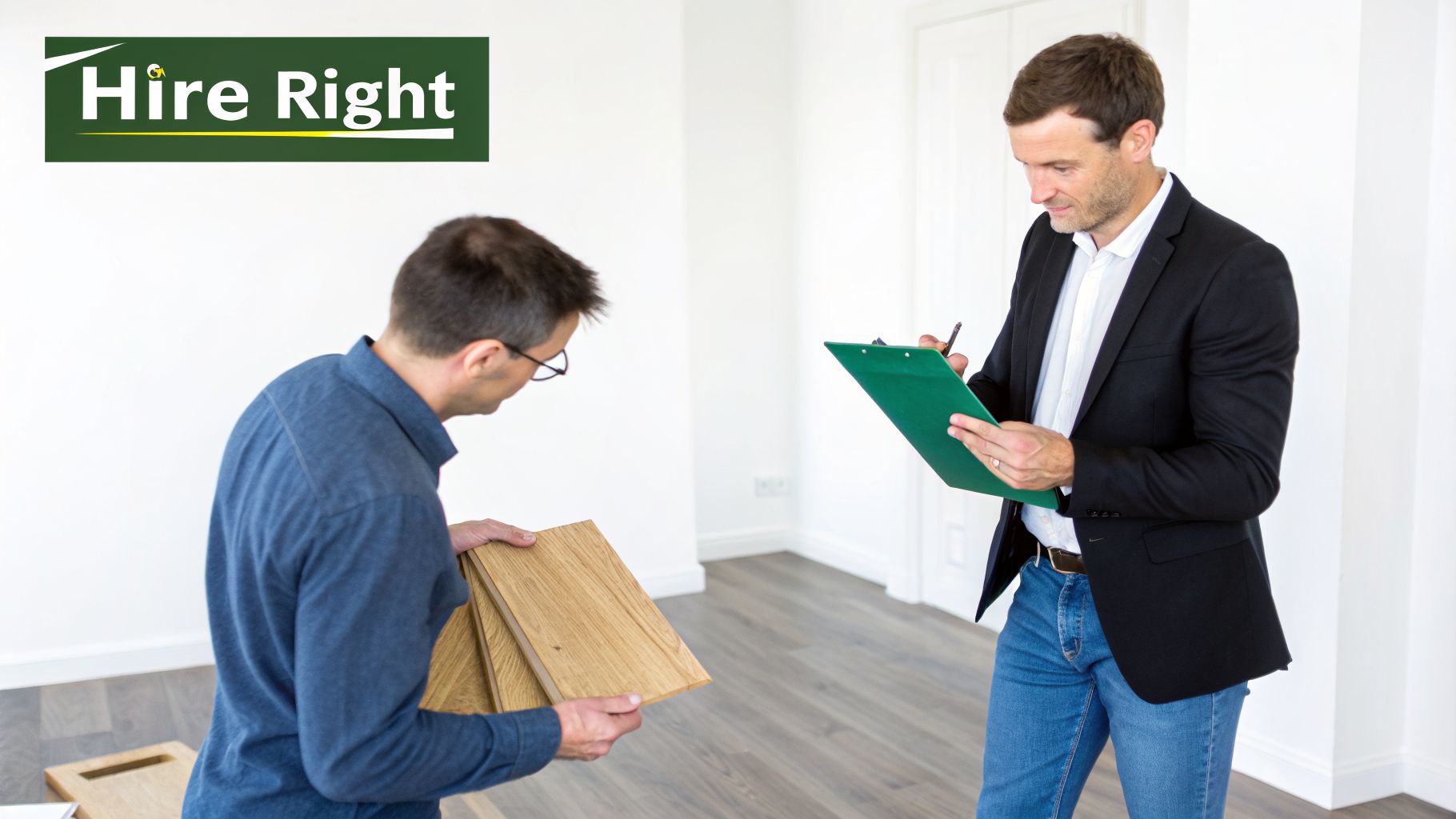 Two men inspecting wood planks for hardwood floor installation, one taking notes on a clipboard.