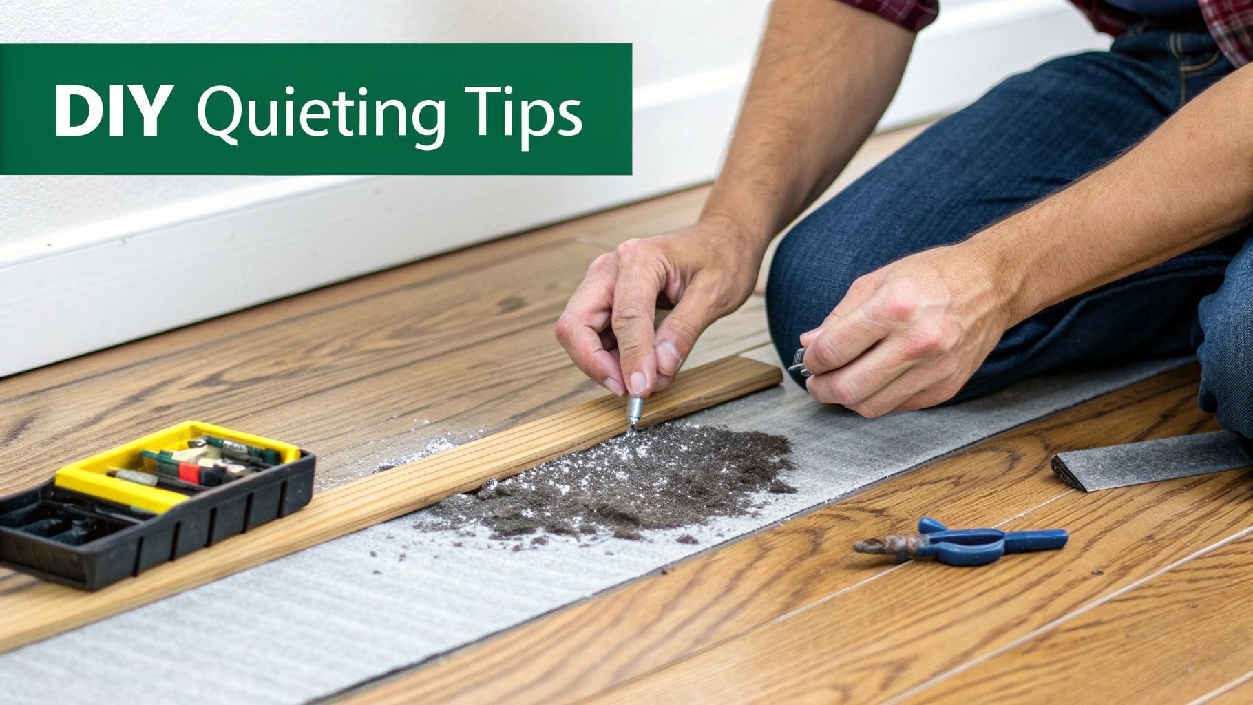 Hands working on a wooden floor, applying material under a board for DIY quieting tips.