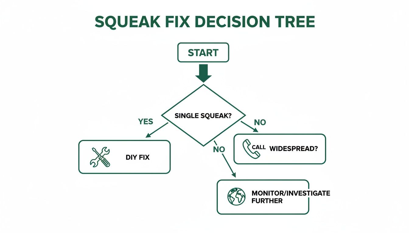 A squeak fix decision tree flowchart detailing steps for single squeaks, widespread, or further investigation.