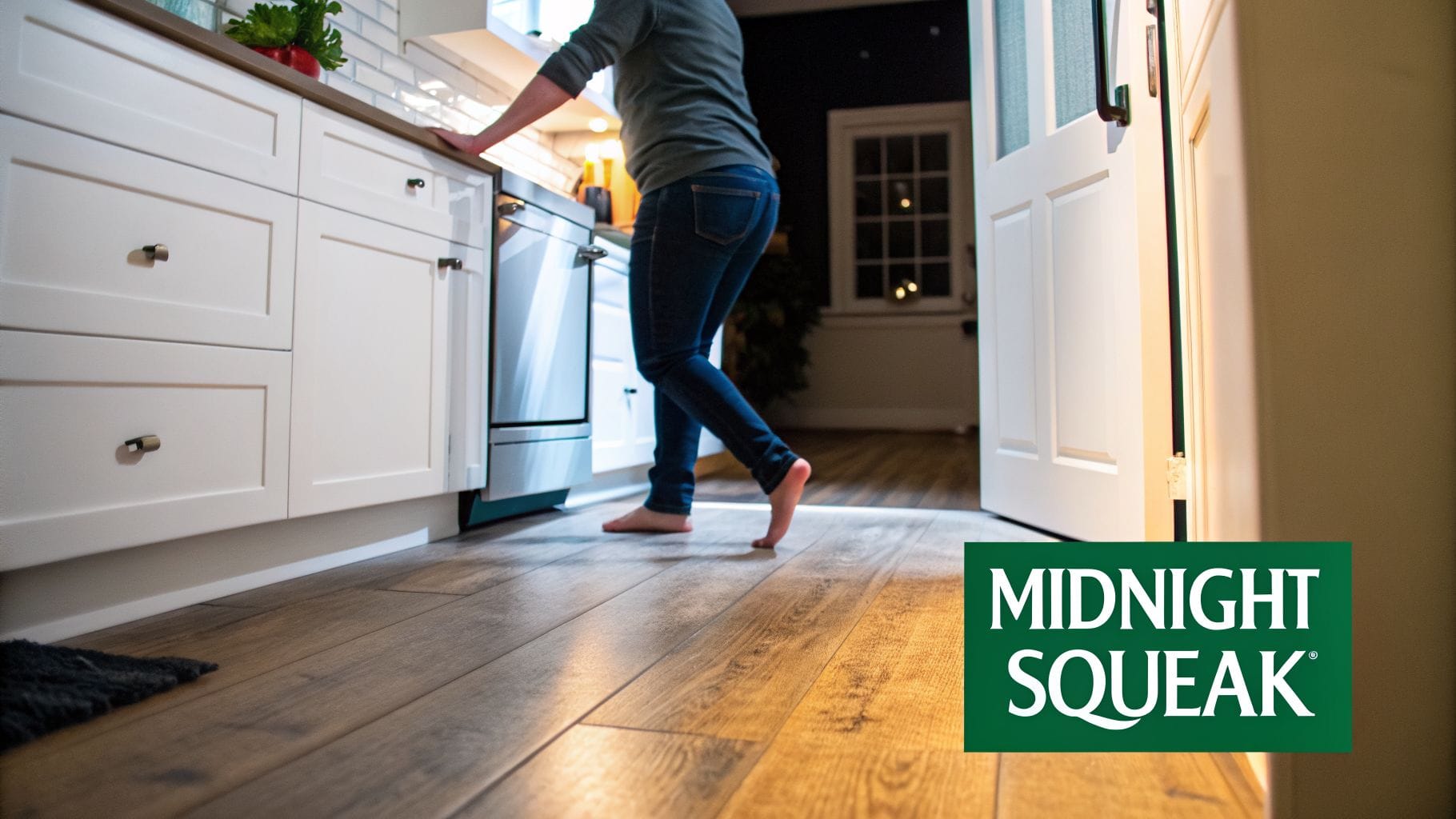 A person walks barefoot on a wooden kitchen floor at night, near white cabinets, avoiding a potential squeak.