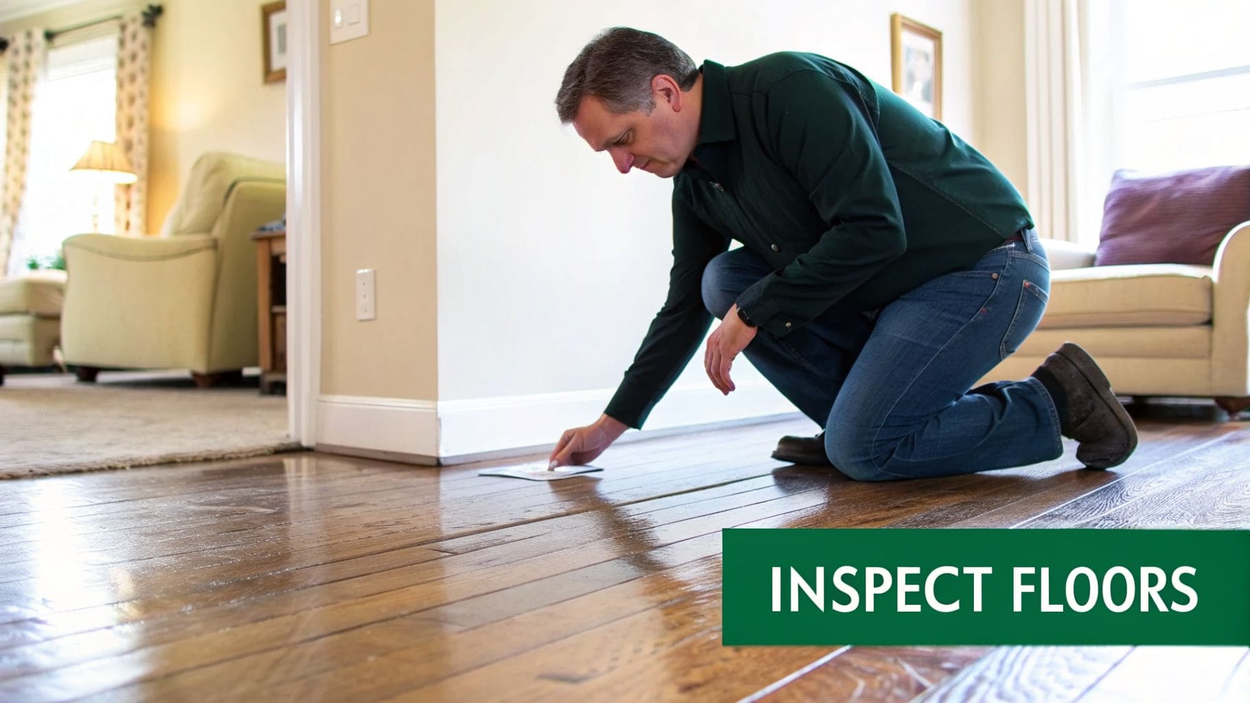A man kneels on a polished hardwood floor, carefully inspecting it with a white card.