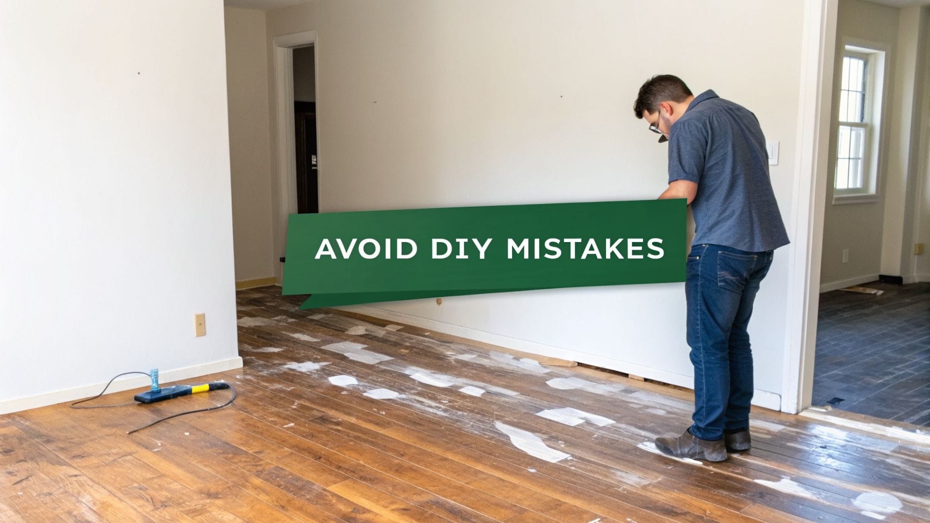 Man in a room under renovation, working on hardwood floor refinishing, avoiding DIY mistakes.