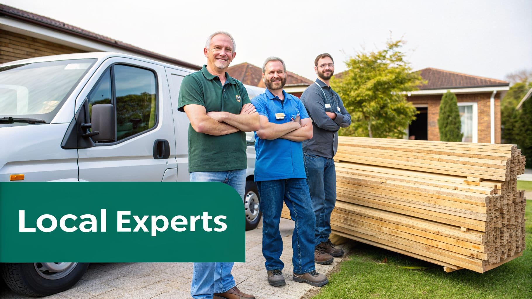 Three smiling men, local experts, stand with a van and a large stack of timber.