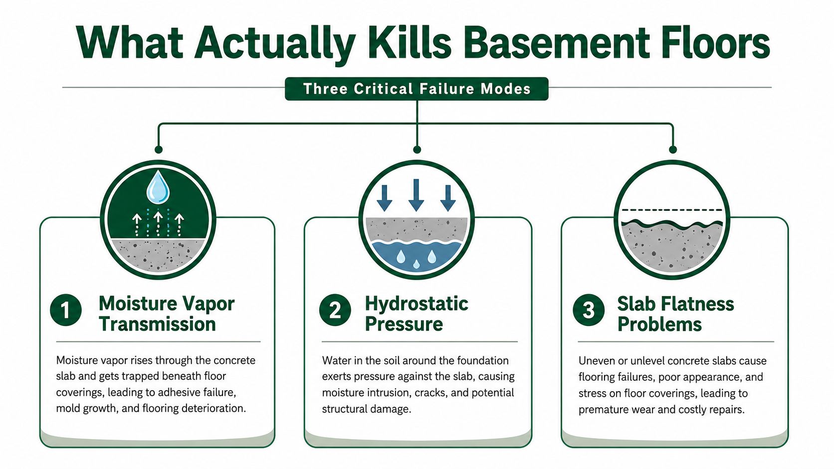 An infographic detailing the three primary causes of basement floor failure: moisture vapor, hydrostatic pressure, and unevenness.