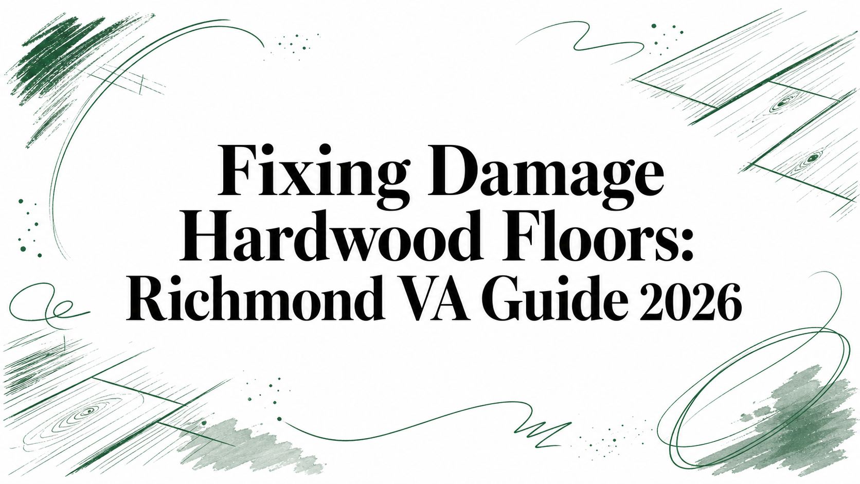 An image displays the text "Fixing Damage Hardwood Floors: Richmond VA Guide 2026" with green borders.