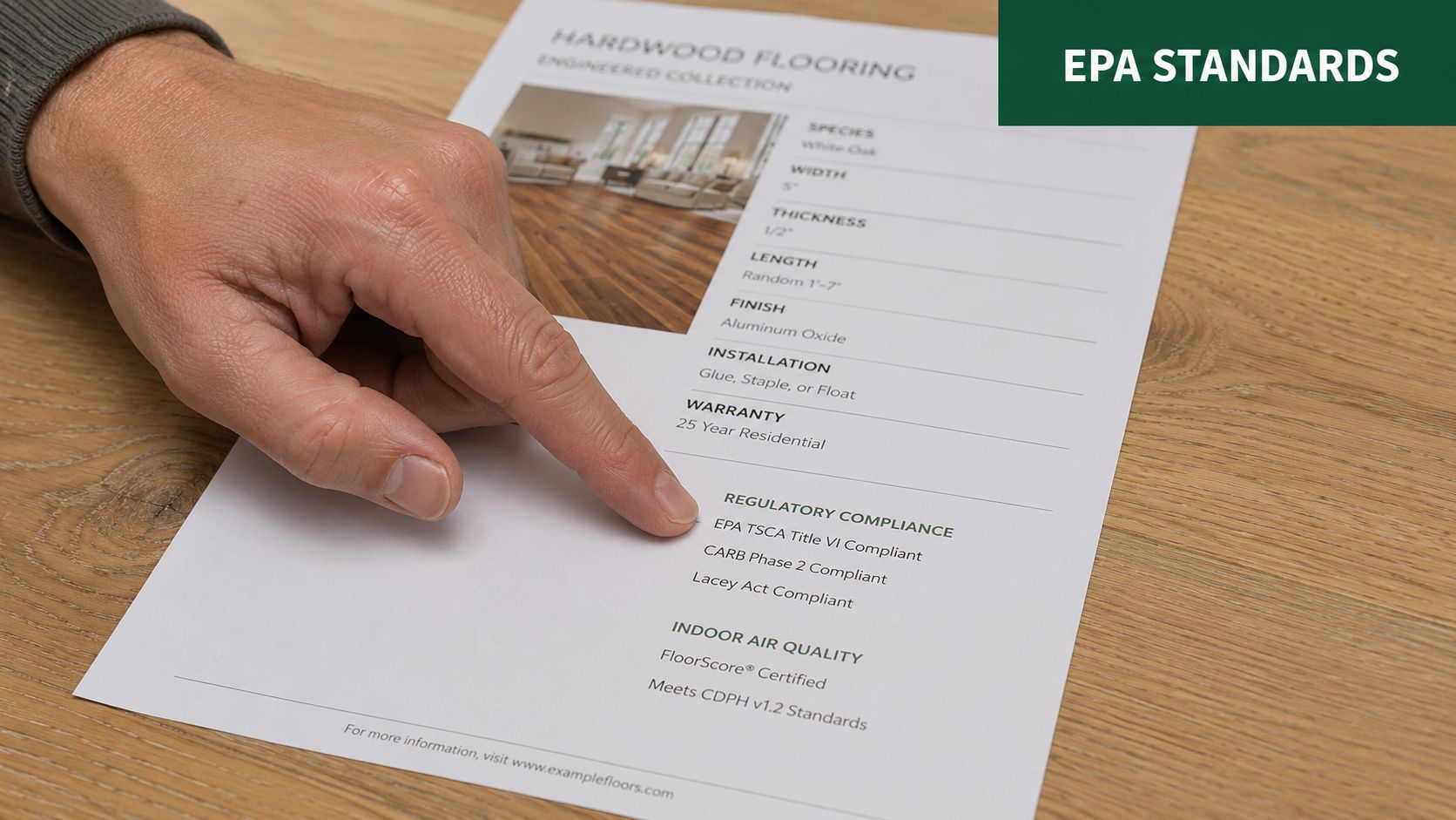 A hand points to the EPA TSCA Title VI compliance label on a hardwood flooring product specification sheet.