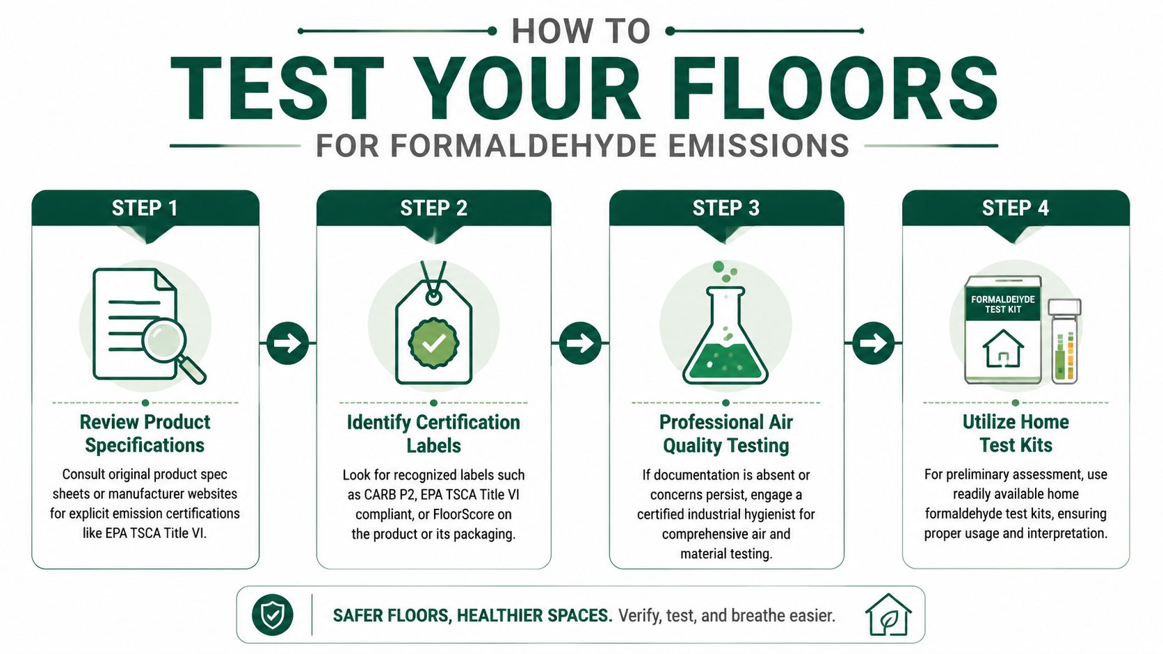 An infographic showing four steps to test your floors for formaldehyde emissions in residential buildings.