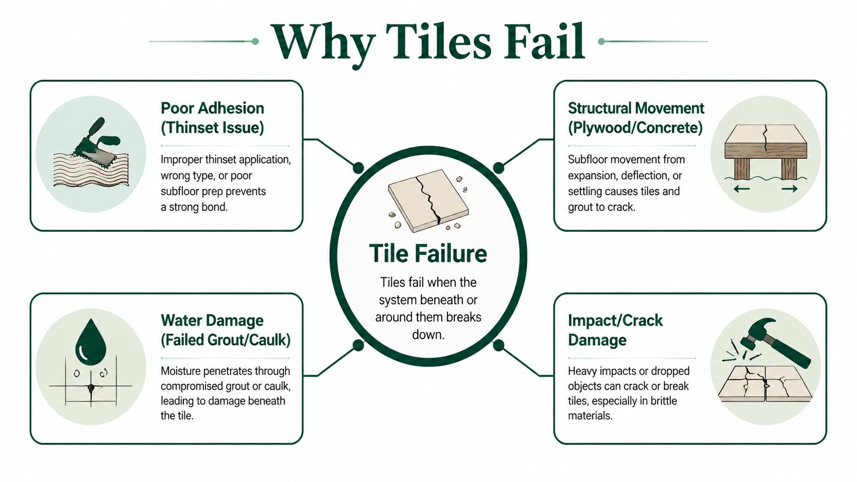 An infographic detailing common reasons for floor tile failures including poor adhesion, structural movement, water damage, and impacts.