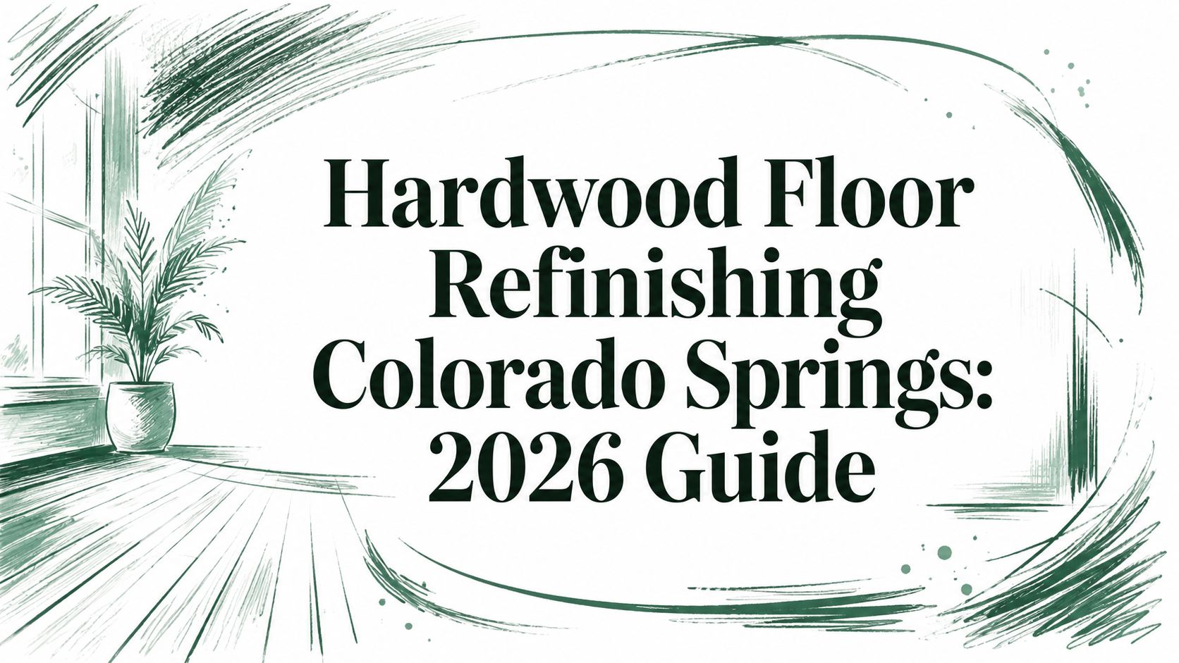A hand-drawn room with hardwood floors and a plant features the text: Hardwood Floor Refinishing Guide. A hand-drawn room with hardwood floors and a plant features the text: Hardwood Floor Refinishing Guide.