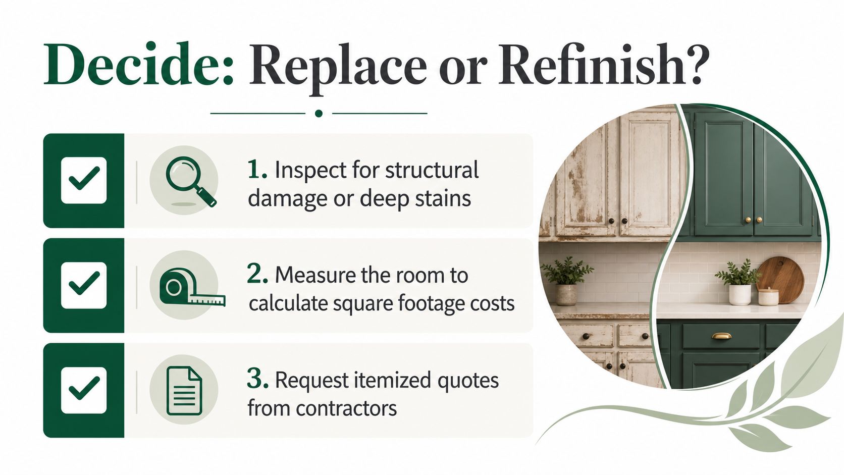 A guide illustrating three steps for deciding between replacing or refinishing old kitchen cabinets.