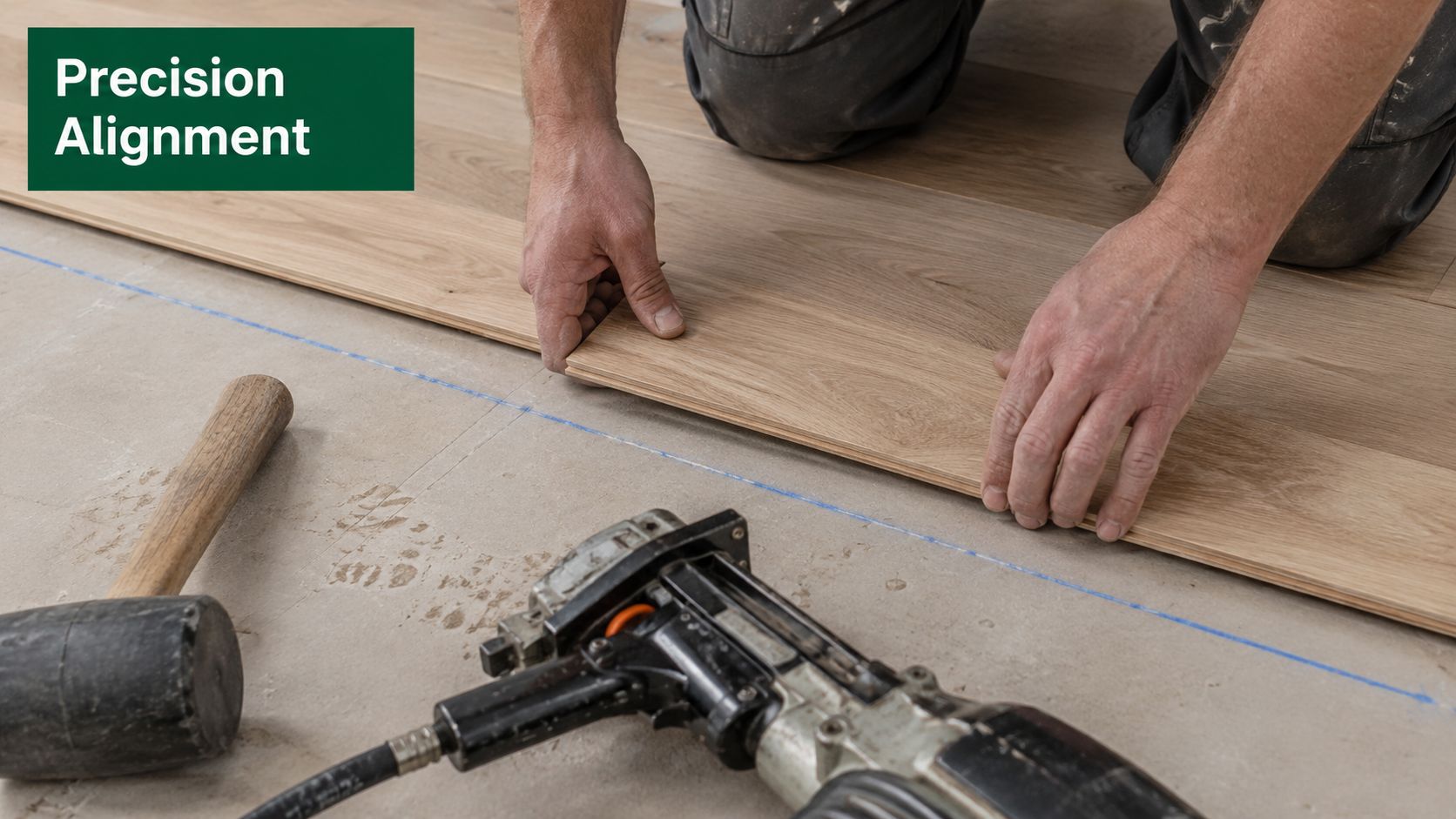 A professional floor installer aligns a wooden floor plank with precision during a hardwood flooring renovation project.