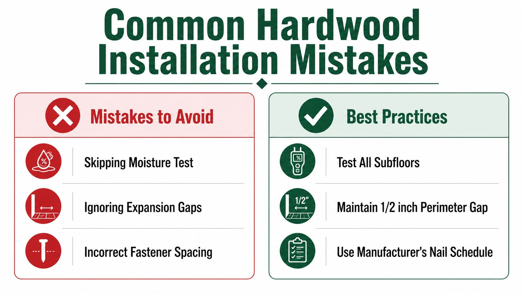 A comparison chart showing common hardwood floor installation mistakes versus recommended industry best practices.