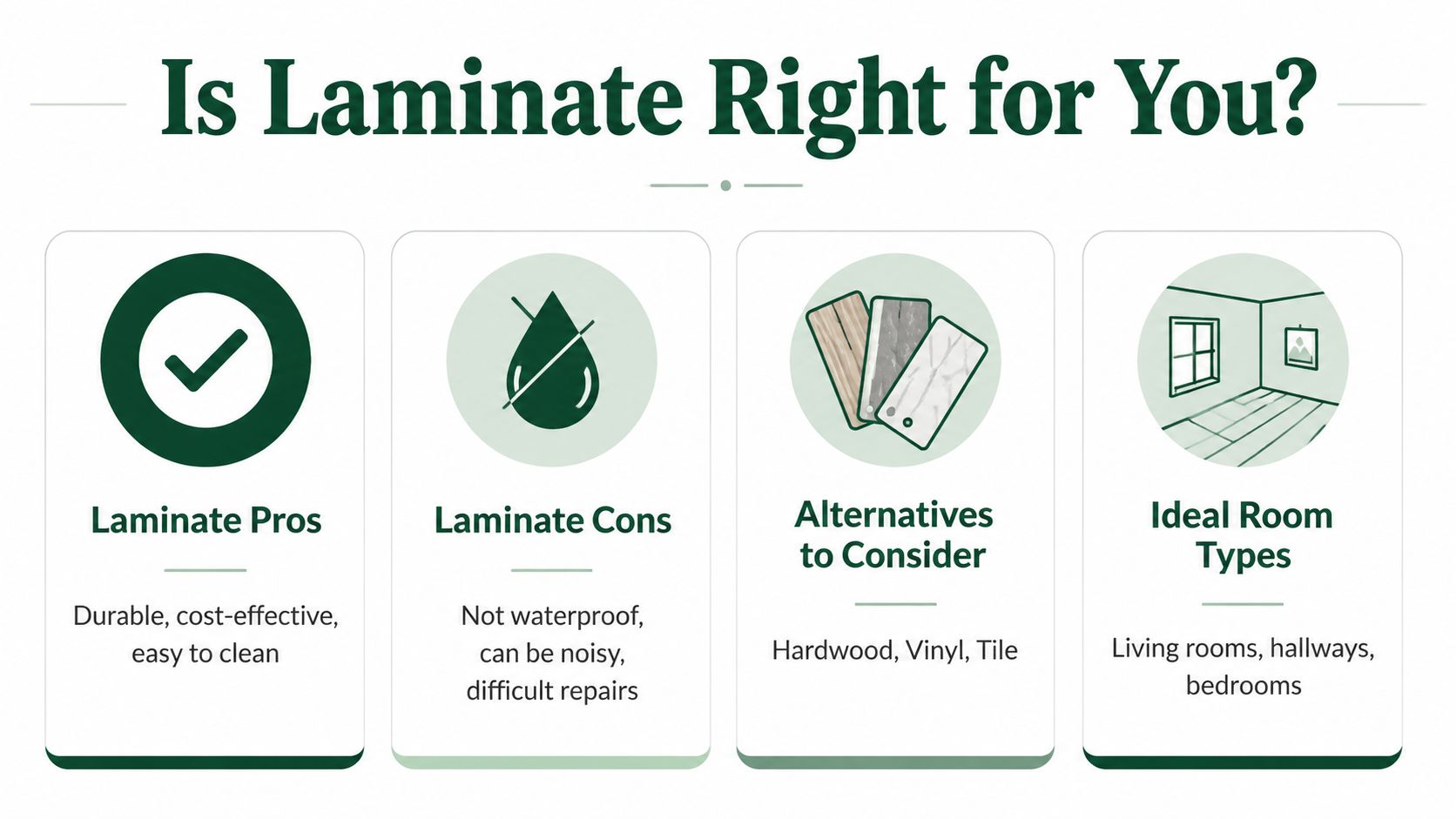 An infographic titled Is Laminate Right for You showing pros, cons, alternatives, and ideal room types for laminate flooring.