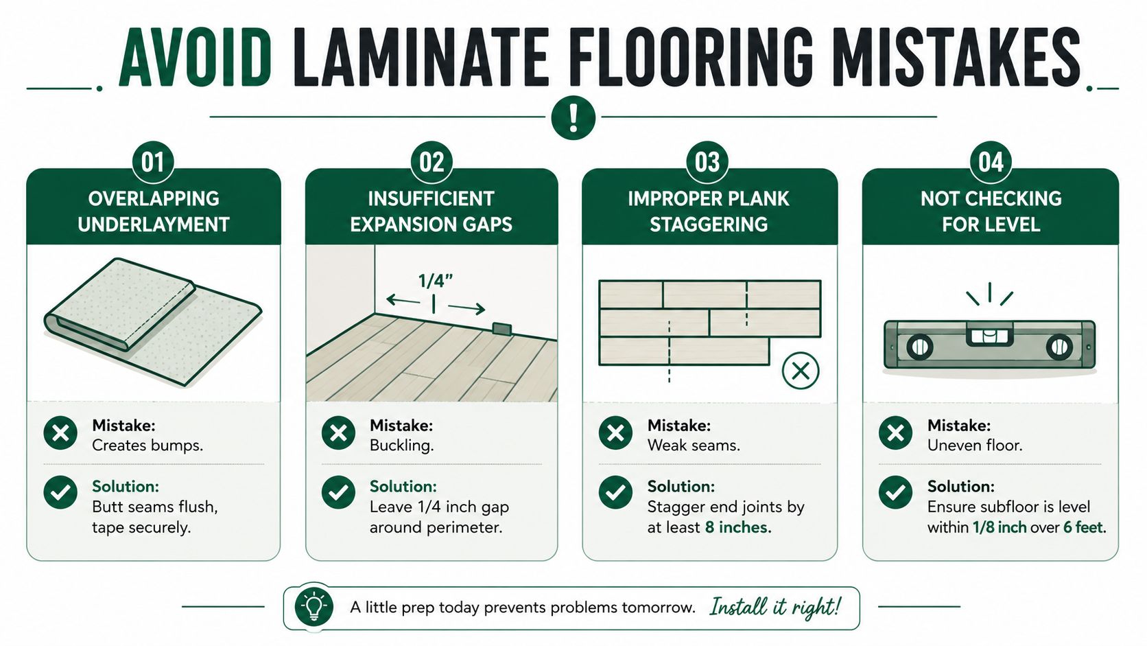 An infographic detailing four common mistakes when installing laminate flooring, including underlayment, expansion gaps, staggering, and leveling.