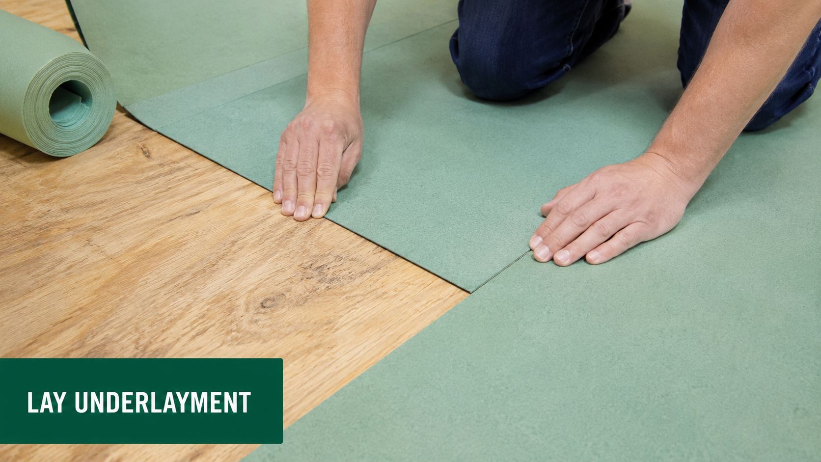 A person kneeling on a wooden floor installing green underlayment for a new laminate flooring project.