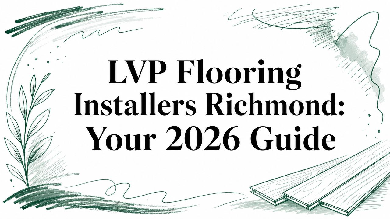 The text "LVP Flooring Installers Richmond: Your 2026 Guide" appears, framed by leaves and wood planks.