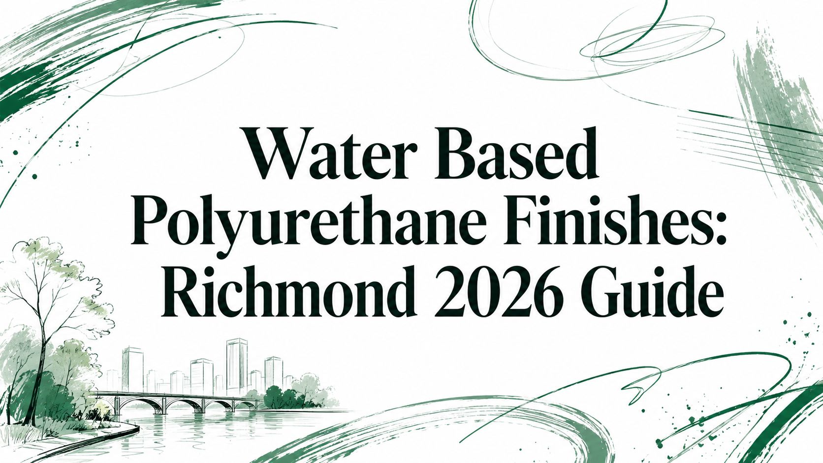 A graphic displays "Water Based Polyurethane Finishes: Richmond 2026 Guide" with green abstract shapes.