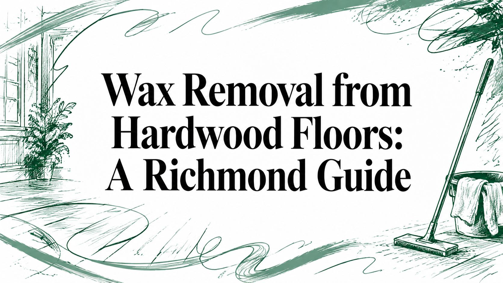 Text "Wax Removal from Hardwood Floors: A Richmond Guide" with green mop and plant illustrations.