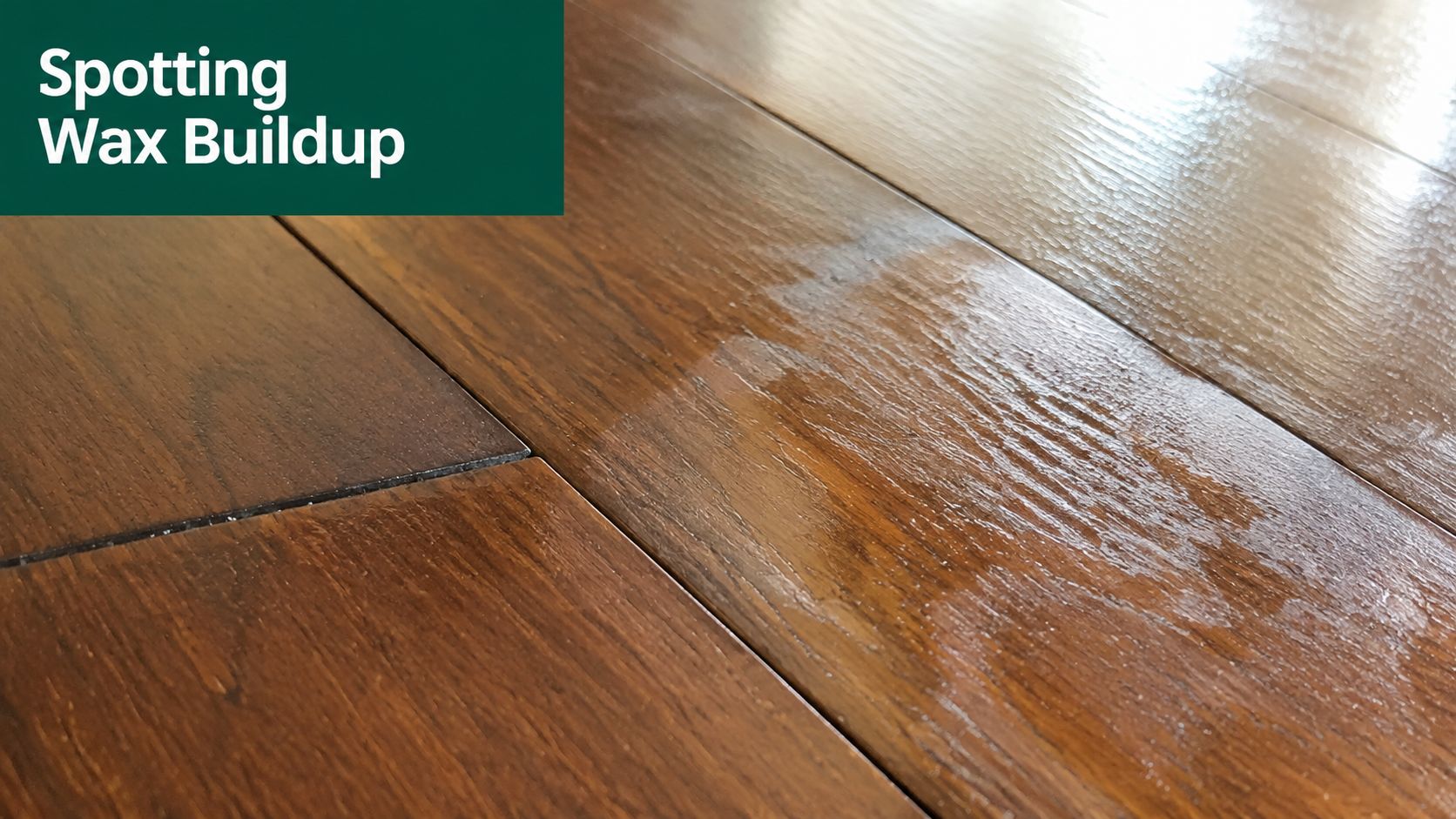 A close-up view showing noticeable cloudy wax buildup on a dark stained hardwood floor surface.