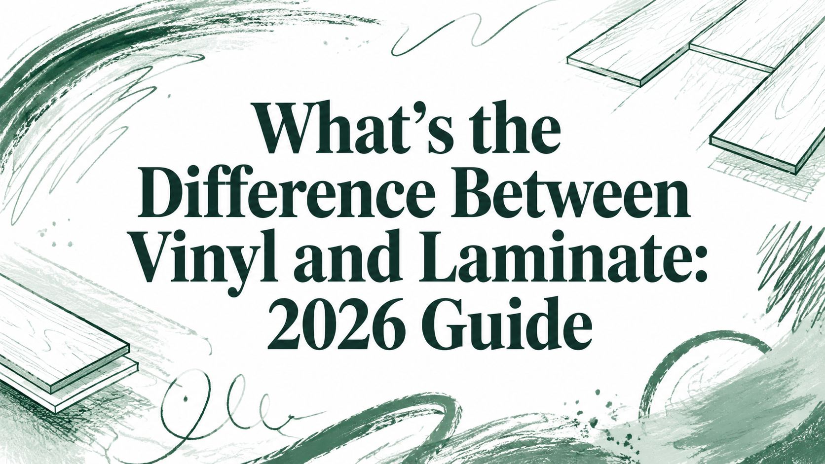 The image shows “What’s the Difference Between Vinyl and Laminate: 2026 Guide” with green abstract graphics.